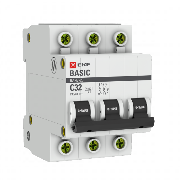 Выключатель автомат. 3-пол. (3P)  32А C  4,5кА ВА47-29 Basic EKF