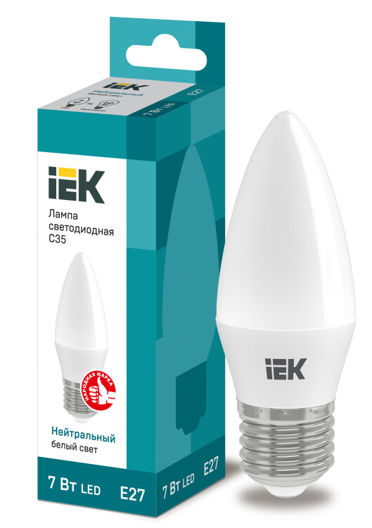 Лампа светодиод. (LED) Свеча Е27  7Вт 630лм 4000К 230В матов. IEK